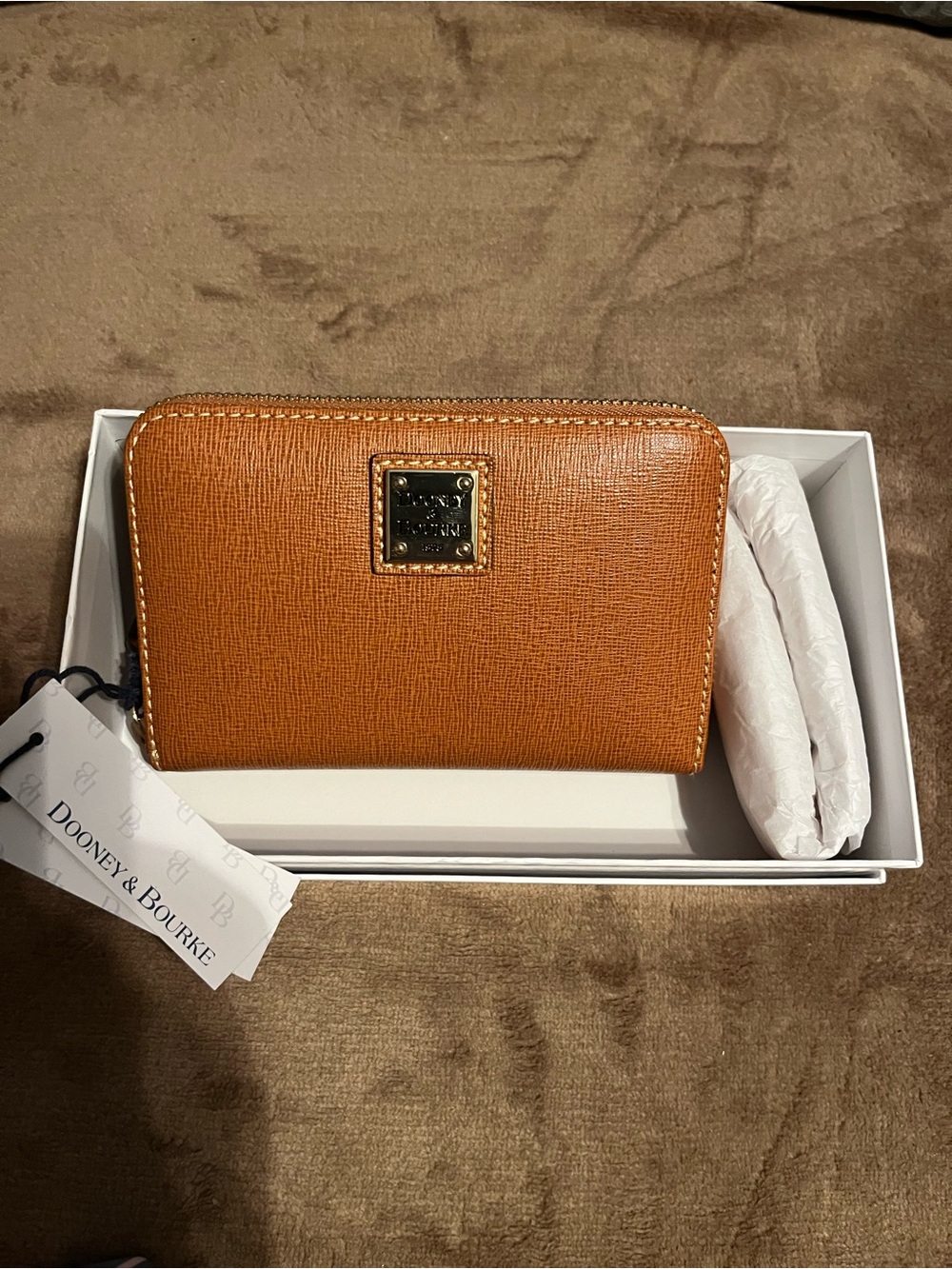 Dooney & Bourke Tan Saffiano Zip Wallet with Gold Plaque